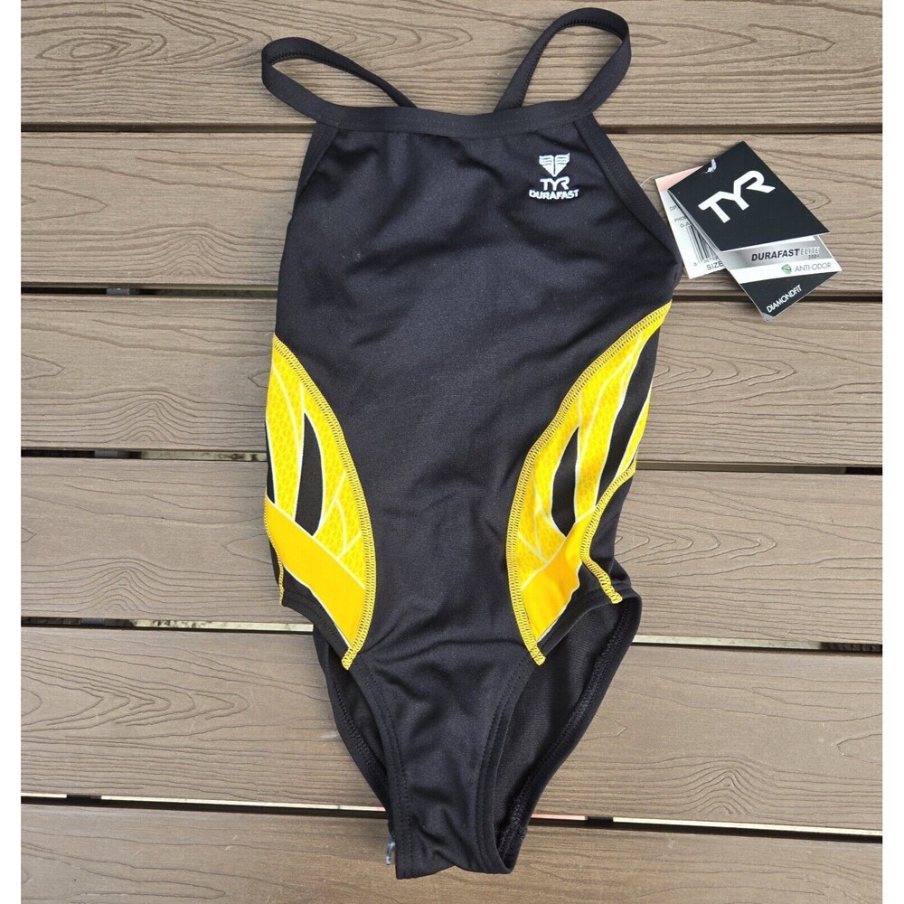 TYR Duralast Phoenix Gold/black DiamondFit 1 Pc Swim, Girls Youth  Sz 24 ,NEW